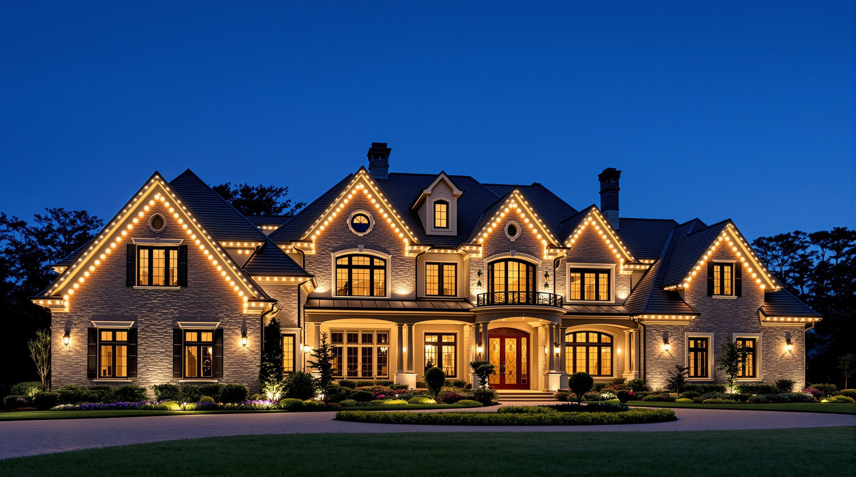 Estate home with complex roofline and permanent lighting