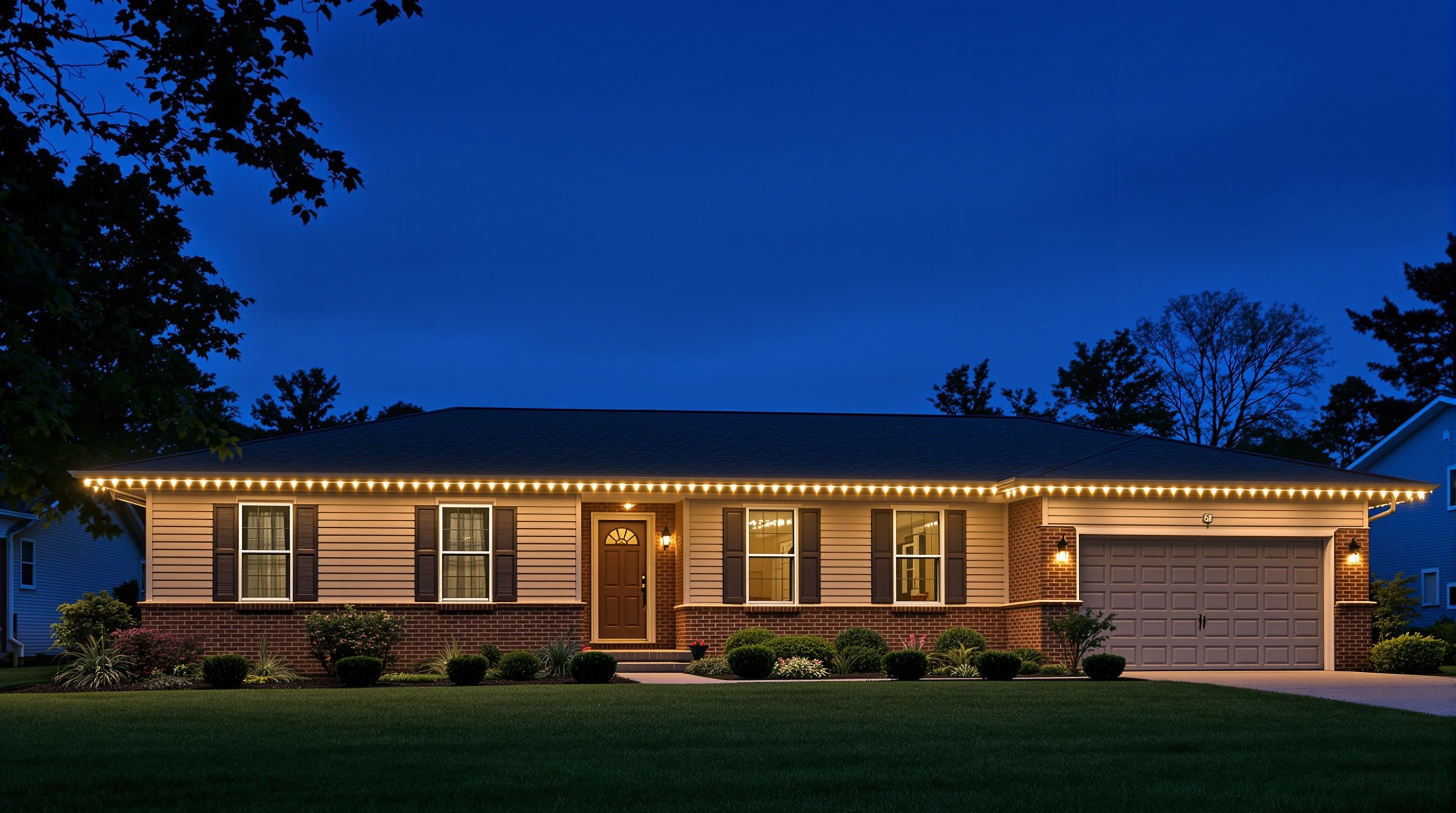 Simple roofline home with permanent lighting