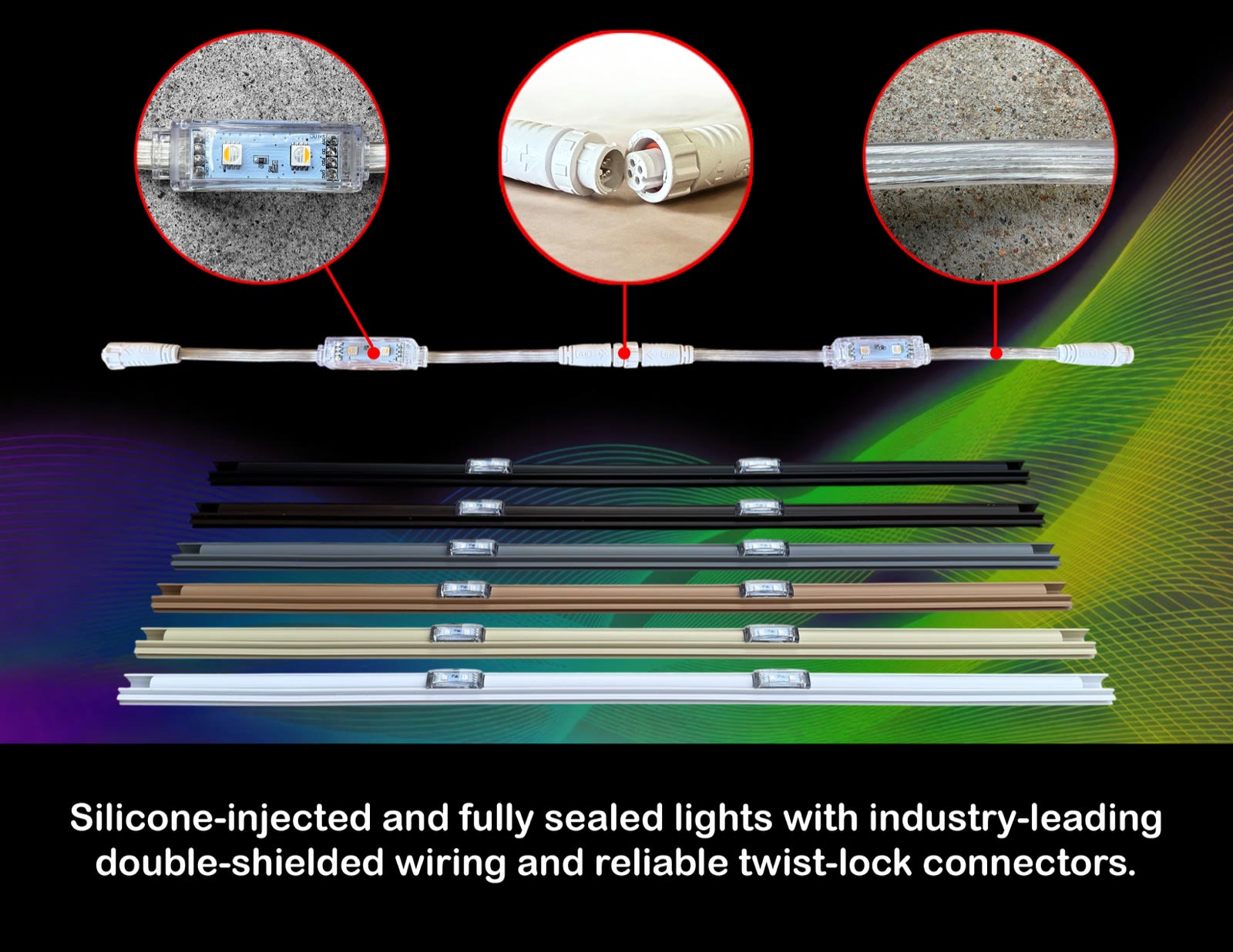 Sealed permanent lighting modules shown with six track color options and twist-lock connectors